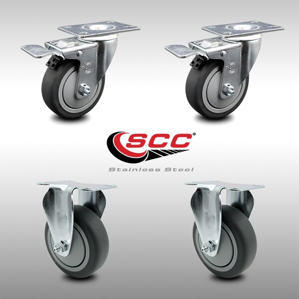 4 Inch SS Thermoplastic Rubber Wheel Top Plate Caster Lock Brake 2 Rigid, 2PK